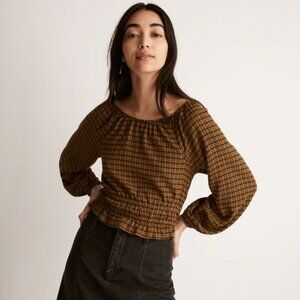 Madewell Tie Back Cutout Top in Plaid Cropped Puff Long Sleeves Olive Green